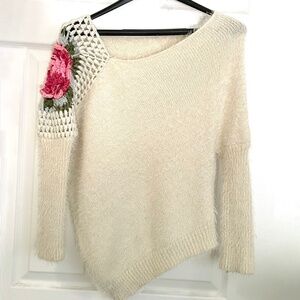 Shein Asymmetrical Neck Fuzzy Crochet Brushed Knit Flower Detail Sweater Small